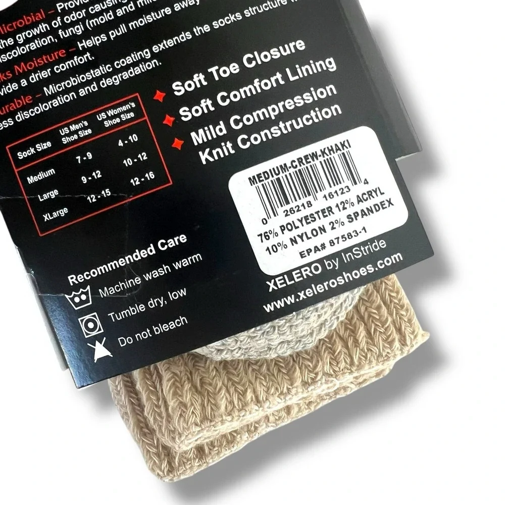 Xelero by InStride Comfort Care Socks Khaki Crew Anti-Microbial Medium USA
